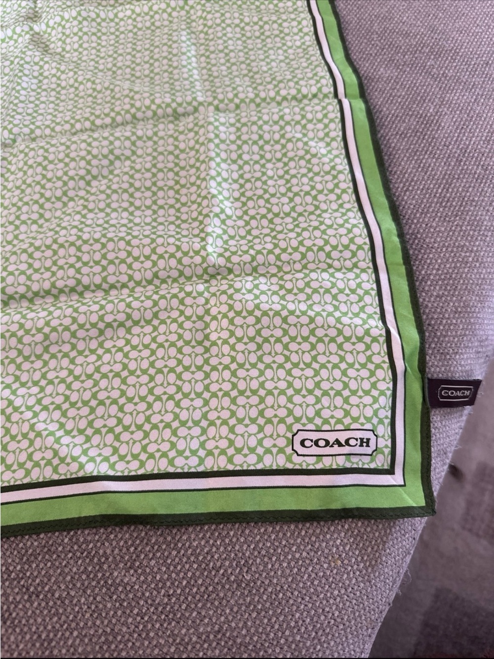 Coach Green and White Signature Pattern Silk Scarf
